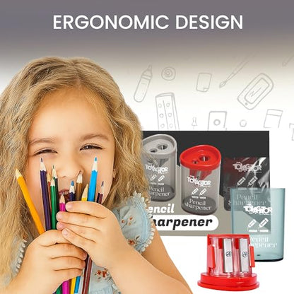 Manual Pencil Sharpener - 2 Pcs Dual Hole Premium Quality Pencil Sharpeners for Standard & Large Sized Pencils - Handheld Pencil Sharpener for Kids, Adults, Artists, (Red & Gray)