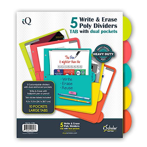 iScholar 5 Tab Poly Index Dividers with Pockets, 9.5 x 11.3", Assorted Colors (31206) - size: 9.5 x 11 Inches, style: 5 Tab w/Pockets