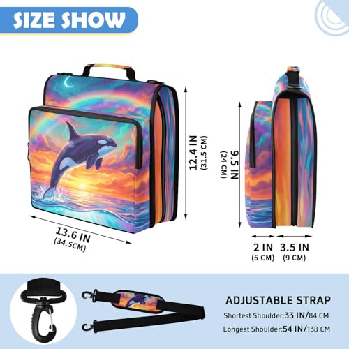 Dolphin 2-inch 3 Ring Zipper Binder with Shoulder Strap Holds 14 Inch Laptop for Students and Office - color: Rainbow Dolphin
