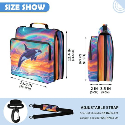 Dolphin 2-inch 3 Ring Zipper Binder with Shoulder Strap Holds 14 Inch Laptop for Students and Office - color: Rainbow Dolphin