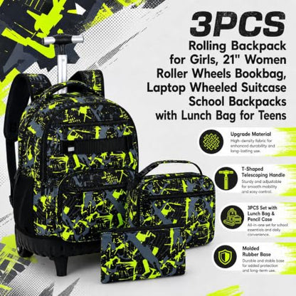 3Pcs Rolling Backpack for Boys Men, Travel Roller Backpacks with Wheels for Adults, Teens College Graffiti Wheeled Bookbag with Lunch Box(Green) - color: Airbrush Green