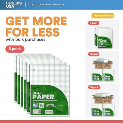 Graph Paper Loose Leaf Paper Quad Ruled Notebook Paper Quad Ruled 4” x 4” Square Lined Writing Filler Paper 10.5” x 8” 900 Sheets 150 Sheets Per Pack 60 gsm (6 Pack) - size: 6 Pack