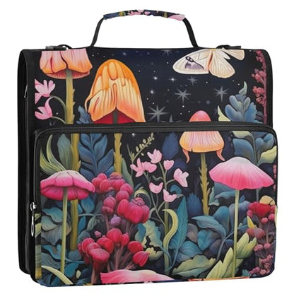 Butterflies Mushrooms Zipper Binder with Shoulder Strap & Handle for Easy Carry, 1.5 Inch 3-Ring Binder for School, Expansion Panel and Expanding File