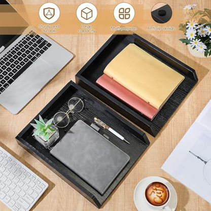 DoubleFill 2 Pcs Wooden Letter Trays 2 Tier Desktop Paper Organizer Wood Letter-Size Desk Document Tray Heavy Duty Stackable Paper Drawer Holder File Folder Back to School Office Home (Black) - color: Black