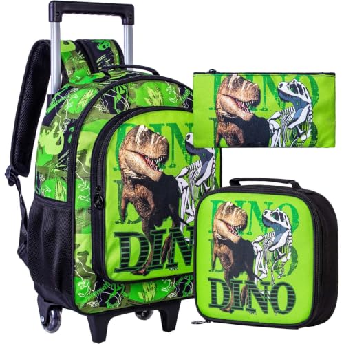 WZLVO 3PCS Rolling Backpack for Boys, Kids Dinosaur Bookbag with Roller Wheels, Suitcase School Bag Set for Toddler Elementary - color: Dinosaur Green