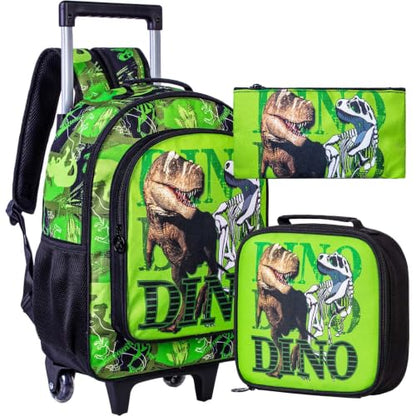 WZLVO 3PCS Rolling Backpack for Boys, Kids Dinosaur Bookbag with Roller Wheels, Suitcase School Bag Set for Toddler Elementary - color: Dinosaur Green