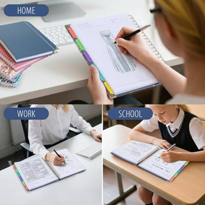 Hardcover Leather Spiral Notebook 8.5" x 11" with Removable Dividers, 300 Pages 5 Subject College Ruled Notebook for Work with Tabs, A4 Spiral Journal for Women Men, School Students Note Taking, Navy - color: 5 Subject Navy