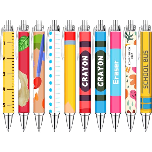Teacher Appreciation Week Ballpoint Pens Set of 10 – Colorful Crayon-Inspired Teacher Theme Pens with Classroom Supply Designs – Smooth Black Ink Pens for Classroom, Office, and Thank You Gifts - style: Chalk Teacher