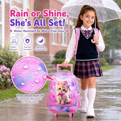 AGSDON 3PCS Rolling Backpack for Girls and Boys, Kids Roller Wheels Bookbag, Wheeled Elementary School Bag with Lunch Bag - color: Doctor Cat