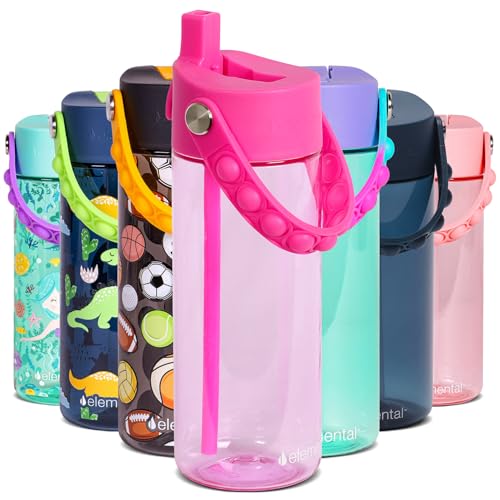 Elemental Water Bottles for Kids - Splash Kids Water Bottle for School with Pop-it Handle - BPA Free Tritan Plastic Water Bottle with Straw Leak Proof when Spout is Closed - Hot Pink - 18oz - color: Hot Pink