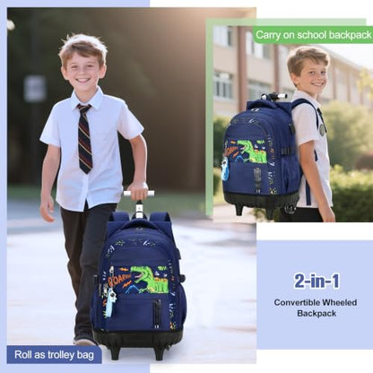 ACESAK Rolling Backpack for Boys, Kids Backpack with Wheels Portable with Insulated Lunch Box & Pencil Case, Multi-Pocket Roller Backpack for Preschool Kindergarten Kids Boys Travel(Dinosaur) - color: Dinosaur
