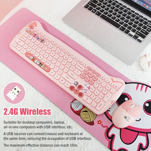 Cute Cat 2.4G USB Wireless Keyboard and Mouse Combo, Silent Keys, Candy Colors, Compatible with Notebook, PC (Pink-110Keys) - color: Pink-110Keys