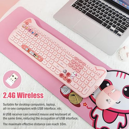 Cute Cat 2.4G USB Wireless Keyboard and Mouse Combo, Silent Keys, Candy Colors, Compatible with Notebook, PC (Pink-110Keys) - color: Pink-110Keys
