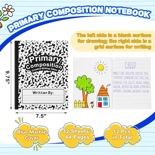 Henoyso 6 Pack Primary Composition Notebook for Kids, K-2 Journal with Half Blank Half Lined Pages, Draw and Write Journal for Kindergarten, 1st & 2nd Grade, Classic Black Covers - color: Black