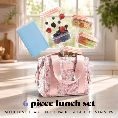 Fit & Fresh Remi Lunch Bag for Women Work – Neoprene Lunch Tote with Containers & Ice Pack, Reusable Meal Prep Lunch Box, Large Capacity, Machine Washable - color: Pink Ditsy Flowers