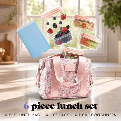 Fit & Fresh Remi Lunch Bag for Women Work – Neoprene Lunch Tote with Containers & Ice Pack, Reusable Meal Prep Lunch Box, Large Capacity, Machine Washable - color: Pink Ditsy Flowers