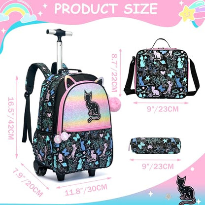 Black Backpack with Wheels for Girls,Cute Cat Rolling Backpack,Travel Carry On Luggage Kids Suitcase with Lunch Box Pencil Case for Ages 6-8 - color: Black Cat