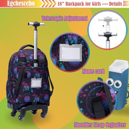 Kids Rolling Backpack for Girls Geometric Suitcases Trolley Roller Luggage Backpacks with 360° Rotating Wheels 15" Laptop Lunch Box Pencil Case for Elementary 18" Travel School Bag Purple - color: Blue-jihe-1220