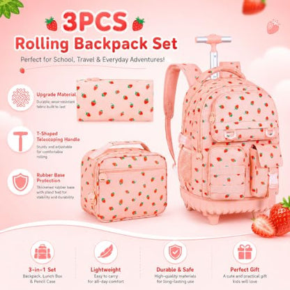 WZLVO 3PCS Wheeled Backpack, Water Resistance Rolling Bookbag for Girls, Women Aesthetic Roller School Bag Set with Lunch Box & Pencil Bag for Teens & Kids - Pink Strawberry - color: 3pcs Girls Rolling Backpack - Pink Strawberry