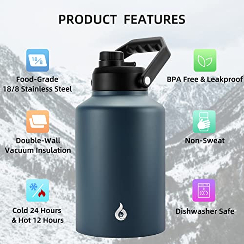BJPKPK One Gallon(128 oz) Insulated Water Bottle, Dishwasher Safe Stainless Steel Jug, BPA Free Jug with Ergonomic Handle & Anti-slip Bottom, Large Water Bottle, Navy Blue - color: Navy Blue, style: 128oz