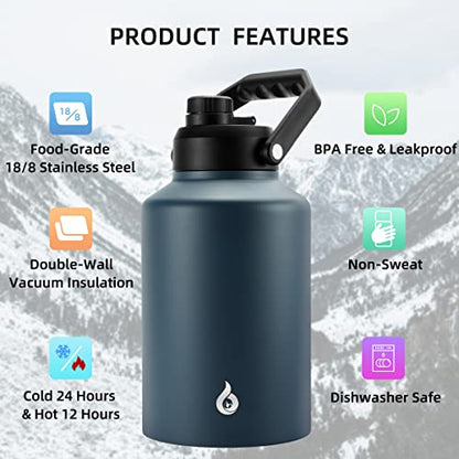 BJPKPK One Gallon(128 oz) Insulated Water Bottle, Dishwasher Safe Stainless Steel Jug, BPA Free Jug with Ergonomic Handle & Anti-slip Bottom, Large Water Bottle, Navy Blue - color: Navy Blue, style: 128oz