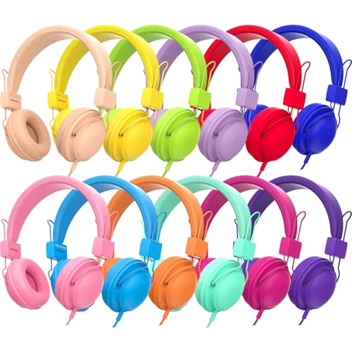 12-Pack Classroom Headphones for K-12 Schools, Bulk Wired 3.5mm Jack | 85dB Volume-Limited, Built-in Mic, Foldable Design, Tangle-Free Cable For Student Use, Rainbow Colors