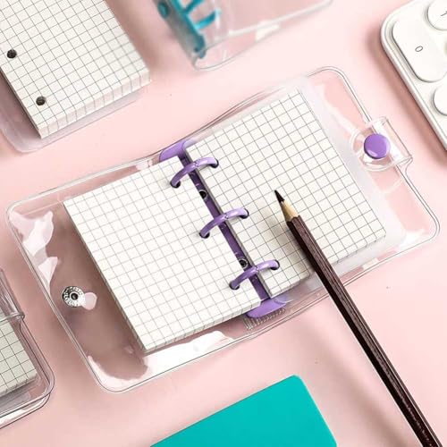 2 Pack Mini 3-Ring Binder Covers with 160 Sheets Binder Inner Paper and 6 Pieces Binder Pockets, Clear PVC Notebook Loose Leaf Folder Mini Soft Binder Notebook for Diary (Purple, Pink)