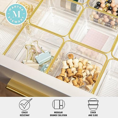 Martha Stewart Kerry Plastic Stackable Office Desk Drawer Organizers, 3" x 3", 12 Pack, with Gold Trim - size: 3" x 3"