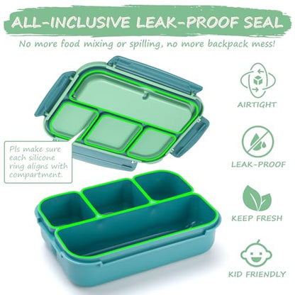 QQKO Bento Box for Kids Adults, School Toddler Lunch Box for Boys Girls, Lunch Box Containers with 4 Compartments, Sauce Container, Utensils, Food Picks and Muffin Cups for School, Green - color: Green