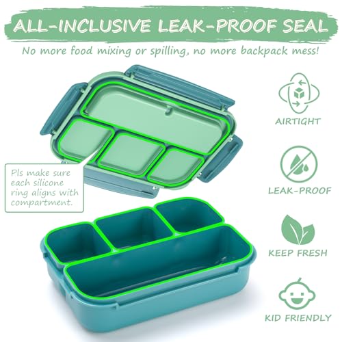 QQKO Bento Box for Kids Adults, School Toddler Lunch Box for Boys Girls, Lunch Box Containers with 4 Compartments, Sauce Container, Utensils, Food Picks and Muffin Cups for School, Green - color: Green