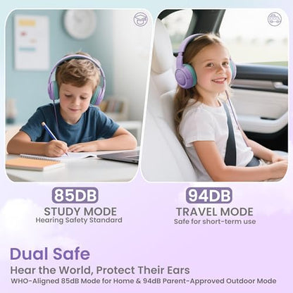 Acer USB-C Kids Headphones - 85/94dB Safe Volume Limited, Foldable Wired Over Ear Headphones for Travel, Toddler Headphones for School, Travel, iPad, Tablet, Purple Green, HK03C - color: USB-C Green-Purple