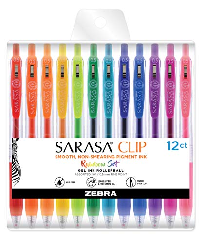 Zebra Pen Sarasa Clip Retractable Gel Pen, 0.5mm Fine Point, Rainbow Assorted Vibrant Ink Colors, Water Based, Ideal for Office and School, Journal, Note Taking and Planner Use, 12-Pack (44100) - color: Assorted Rainbow A