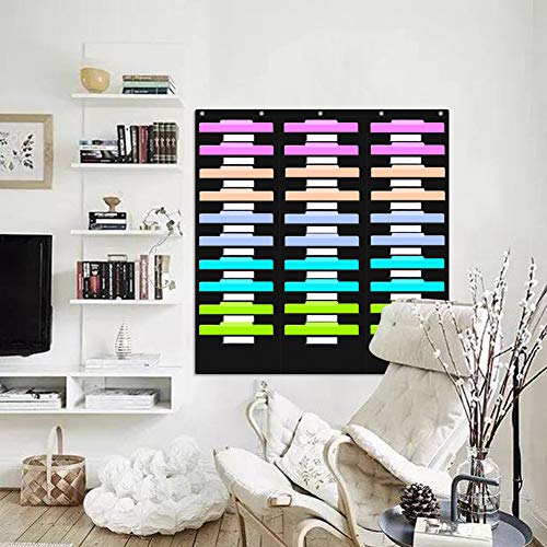 Eamay Hanging File Folder Organizer - 30 Pockets, 5 Over The Door Hanger - Office Document Letter Organizer - color: Black 30 Pockets