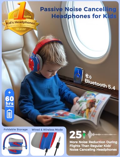 iClever Noise Cancelling Headphones for Kids Adults, Bluetooth Ear Protection with 60H Play Time, Safe Volume 80dBA, Noise Reduction Headphones for Autism Fireworks/Monster Truck, FOCUS - color: Red & Blue