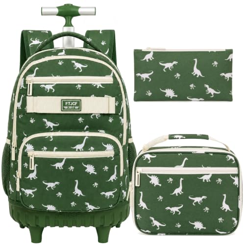 HPJGD 3PCS Dinosaur Roller Backpack for Boys, Kids Rolling Bookbag, Water Resistant Wheeled School Bag Set with Lunch Box - color: Green Dinosaur Rolling Set