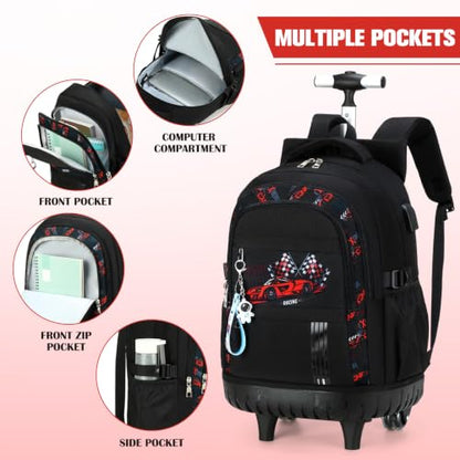 ACESAK Rolling Backpack for Boys, Kids Backpack with Wheels Portable with Insulated Lunch Box & Pencil Case, Multi-Pocket Roller Backpack for Preschool Kindergarten Kids Boys Travel(Red Car) - color: Red Car