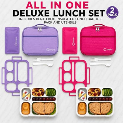kinsho Lunch Boxes for Kids Girls Teens - Bento Box Set of 2 with Insulated Bag & Ice Pack, 6 Compartment Leak Proof Container, BPA-Free, Microwave Safe, Ideal for School & Work, Pink & Purple - color: Lilac + Pink