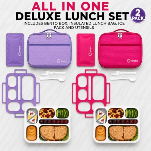 kinsho Lunch Boxes for Kids Girls Teens - Bento Box Set of 2 with Insulated Bag & Ice Pack, 6 Compartment Leak Proof Container, BPA-Free, Microwave Safe, Ideal for School & Work, Pink & Purple - color: Lilac + Pink