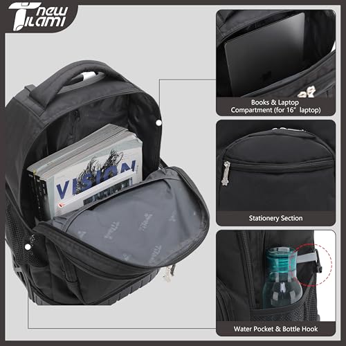 NEW TILAMI 16 Inch Rolling Backpack with Lunch Bag for Kids Adjustable Handle Carry-on Suitcase Wheels for Girls Boys School Travel Camping, Solid Black - color: Solid Black