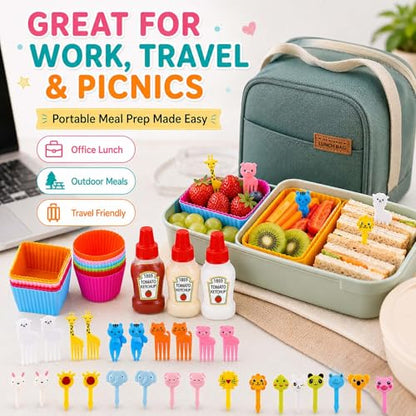 Set of 49 Lunch Box Accessories, Includes 18 Silicone Lunch Box Dividers Cupcake Liners, 4 Mini Ketchup Bottle Condiment Squeeze Bottles Sauce Containers for Bento Box, 27 Food Picks Fruit Toothpicks
