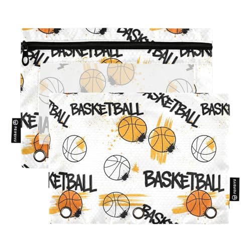 Gredecor Binder Pencil Pouch 3 Ring Orange Basketball Ball Zipper Pencil Pouches Case 2 Pack Clear Binder Organizer for School Office - color: Multi1
