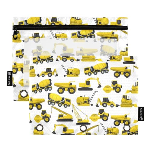 Construction Truck Excavator Bulldozer Pencil Pouch for 3 Ring Binder, Binder Pencil Pouches with Clear Window Zipper Pencil Case for Office College Supplies, 2PCS (B0311) - color: B0311