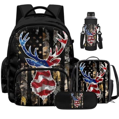 Deer American Flag Boys Camo Backpack with Lunch Box and Pencil Case Water Bottle Pouch 4PCS Set Bookbag with Front Pocket for School Teens 17 inch School Bag for Back to School Season - color: Deer American Flag Camo
