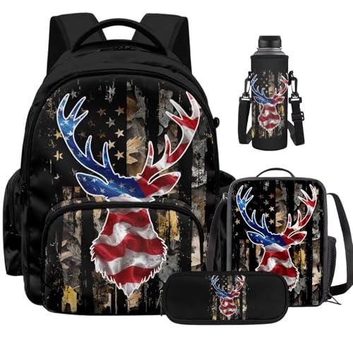 Deer American Flag Boys Camo Backpack with Lunch Box and Pencil Case Water Bottle Pouch 4PCS Set Bookbag with Front Pocket for School Teens 17 inch School Bag for Back to School Season - color: Deer American Flag Camo