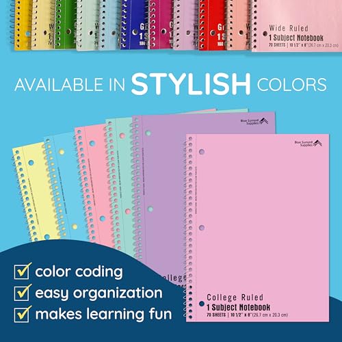 Blue Summit Supplies 6 Spiral Notebooks, College Ruled, Assorted Pastel | 8 x 10.5 in, 70 sheets each, 3 hole punched, perforated, pastel covers, for school and note taking - size: 6 Pack