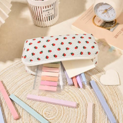 22Pcs Book Annotation Kit Aesthetic Pencil Case with Supplies School Annotation Supplies Gel Pen Transparent Sticky Note Taking Bible Study College Stationery Supplie (White Strawberry Dot) - color: White Strawberry Dot