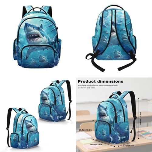 Blue Shark Backpack for Boys Kids Backpack with Lunch Box for Boys Set of 4 School Backpacks Matching Combo Back to School Gifts and Pencil Case Pouch for Teens Children Ages 6-17 17 inch - color: Blue Shark