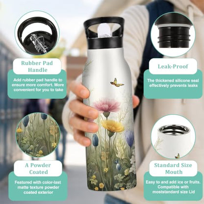 Flower Insulated Water Bottle,Butterfly Stainless Steel Water Bottles 20 oz with Straw Lid,Leak Resistant Double Wall Insulated Flask with Handle for Travel Outdoor Gym - color: Flower,Butterfly