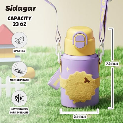 SDGA+ Kids Insulated Water Bottle with Shoulder Strap - 22 oz Kawaii Stainless Steel Tumbler with 3D Fuzzy Charm, Leak-Proof Flip Top & Vacuum Flask for School, Travel, BPA Free, Yellow - color: Yellow