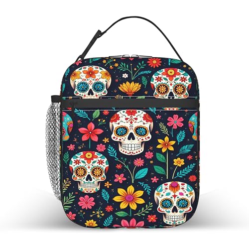 Boho Floral Skull Lunch Box Bag, Mexico Skull Lunchbag Portable Lunch Bag,Reusable Insulated Freezer Lunch Bag for Men Women Kids Picnic Camping and Work - color: Boho Floral Skull